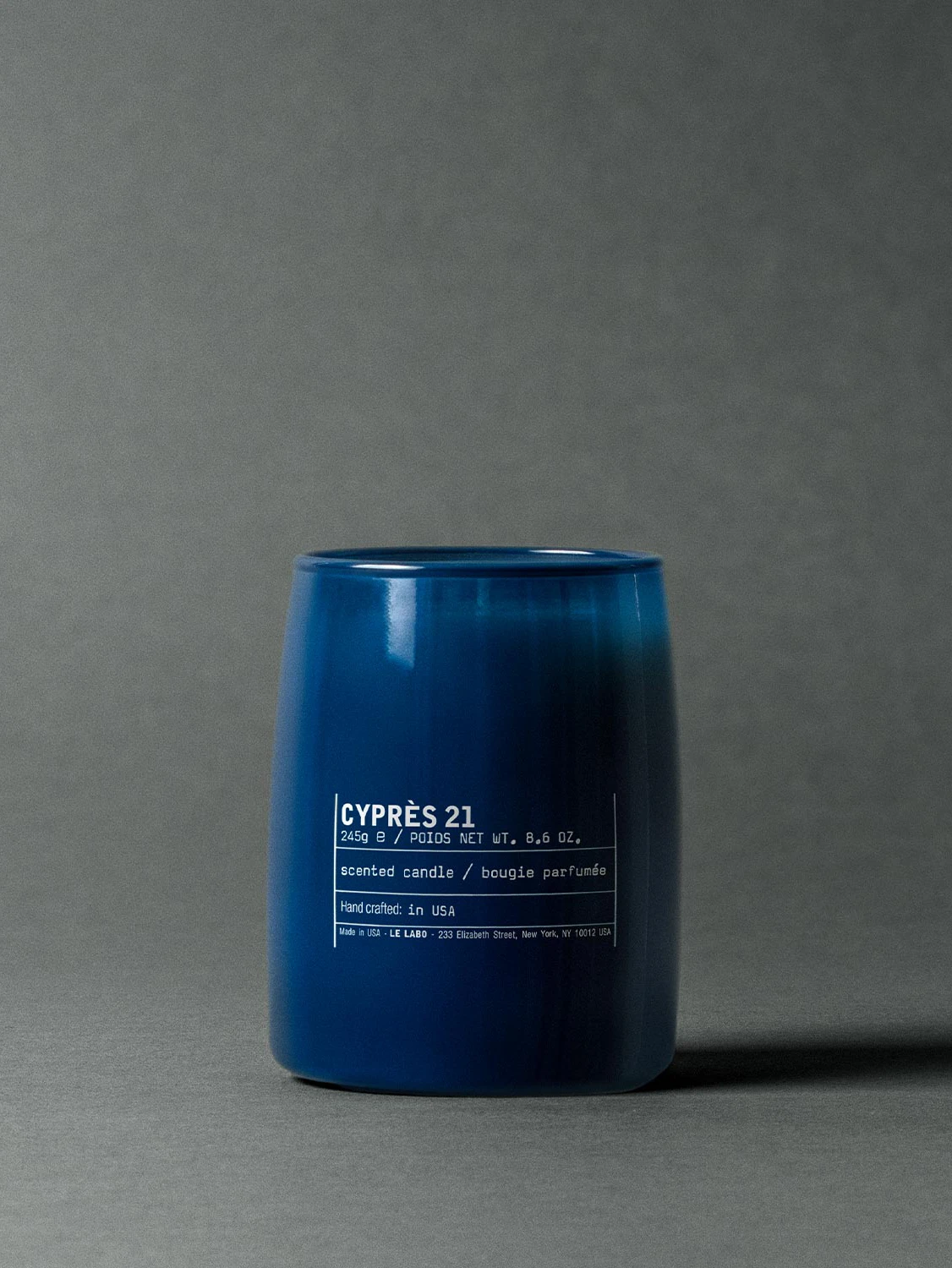 Le Labo CYPRÈS 21 Indigo candle in deep blue glass vessel